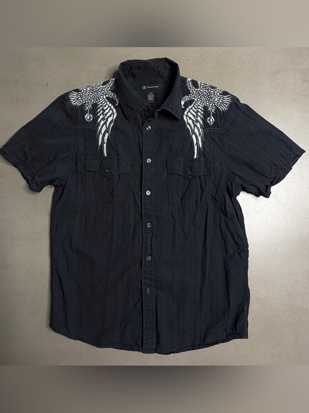 INC Black Short Sleeve Button Front Shirt with Wing Bird Design - M